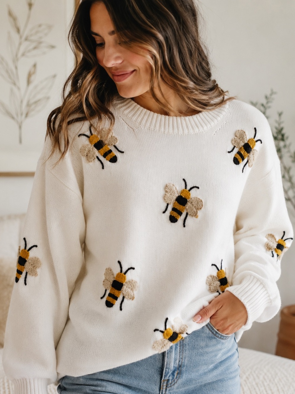 Bee Embroidered Cotton Blend Knit Sweater | Gabby Isabella | Cottagecore